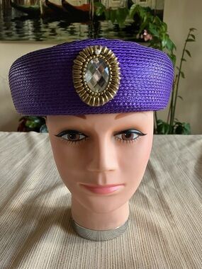 Purple Decorative Pillbox Hat with Gem Accent